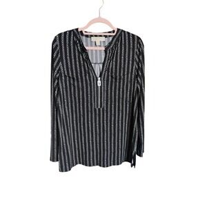 Michael Kors Chain Print‎ Zip Neck Blouse Black Silver Womens Medium